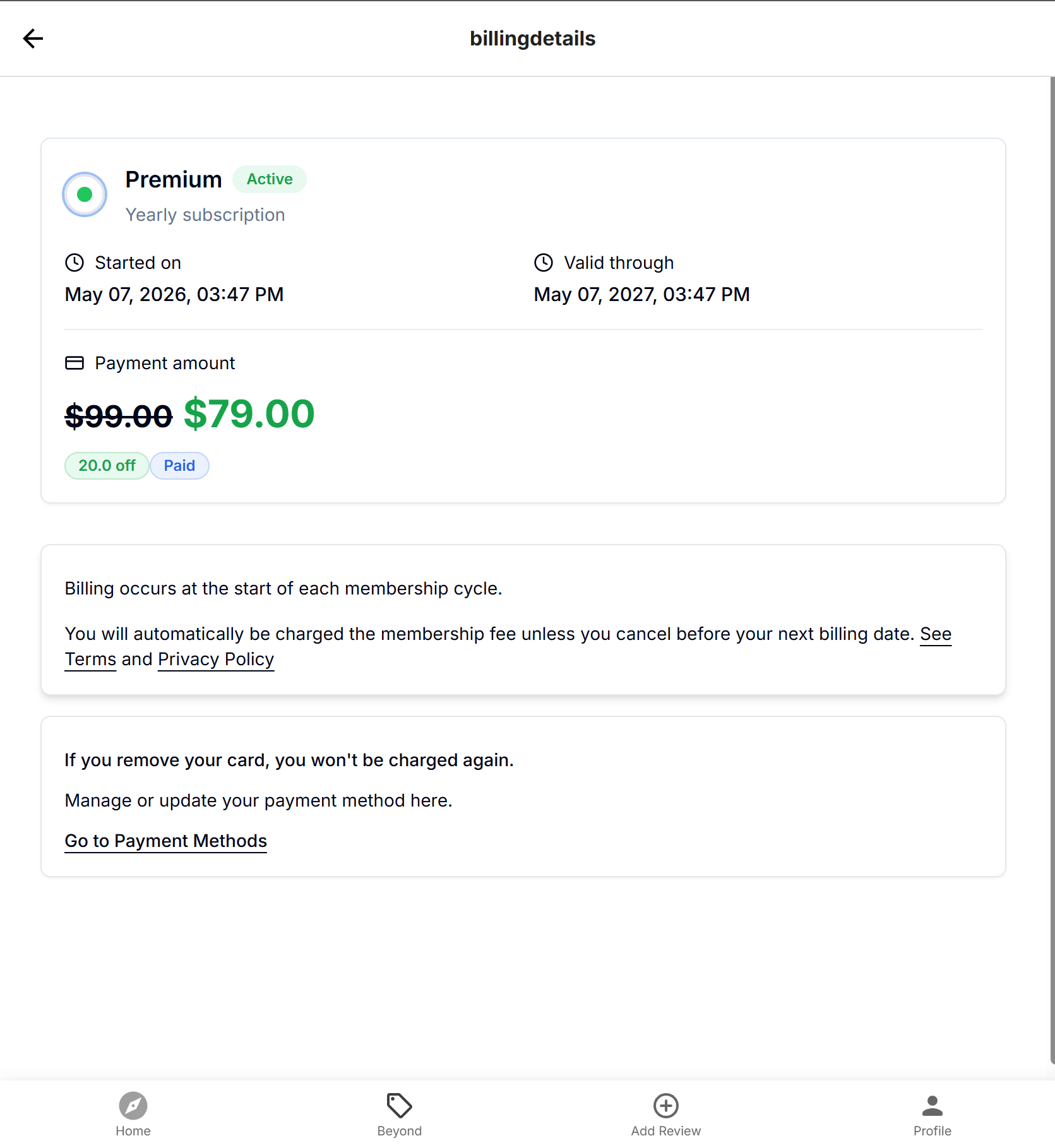 Burpple Beyond Billing details page