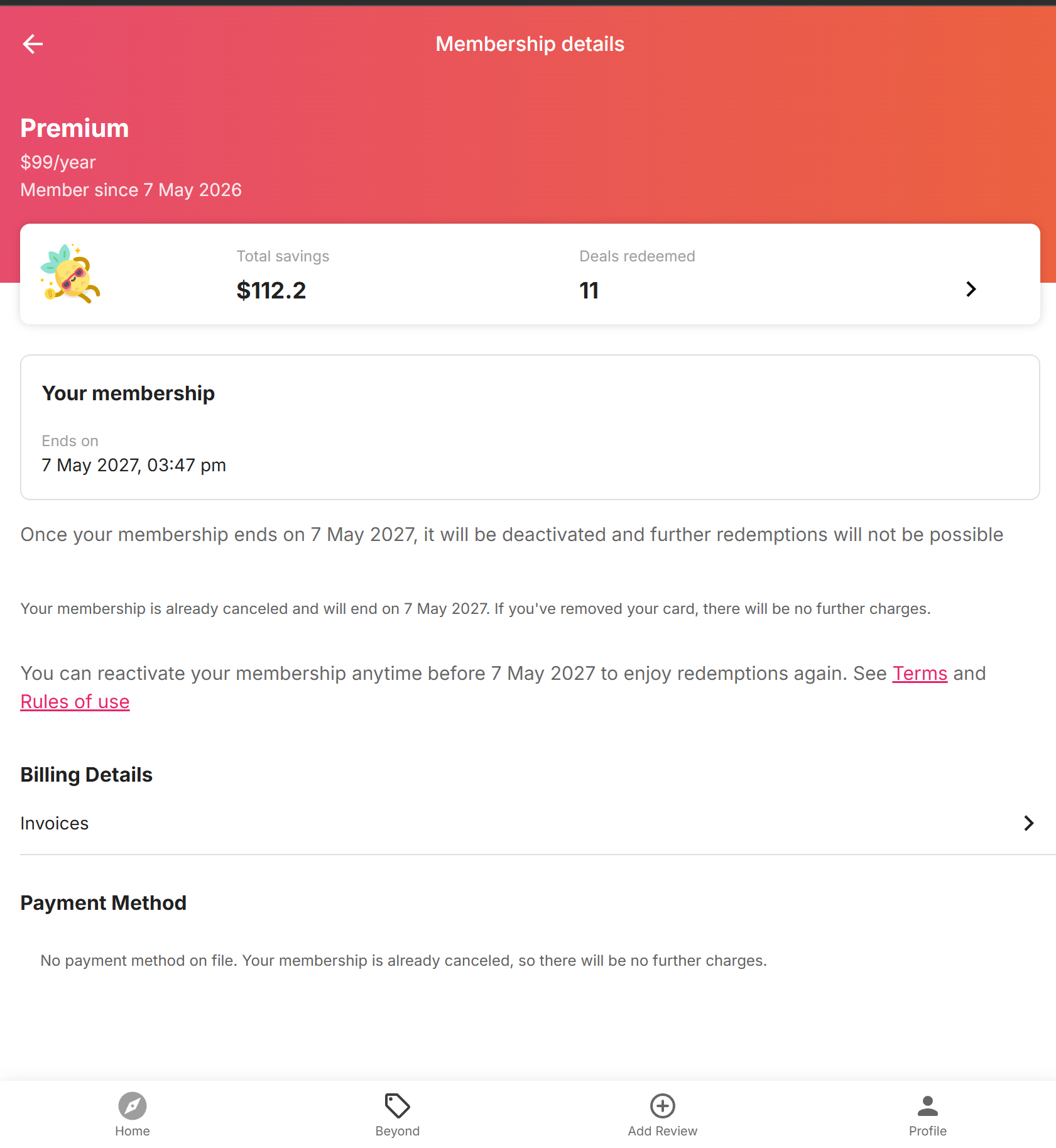 Burpple Beyond Membership details page
